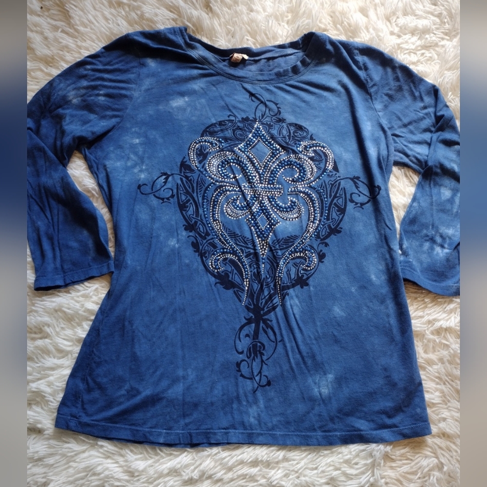 Reba  medium 3/4 sleeve rhinestone embellished Fleur-de-lis top blouse shirt
